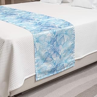 Lunarable Lunarable Blue and White Bed Runner, Hibiscus Flowers Tropical Foliage Hand Drawn Monotone Design, Decorative Accent  - Image 1