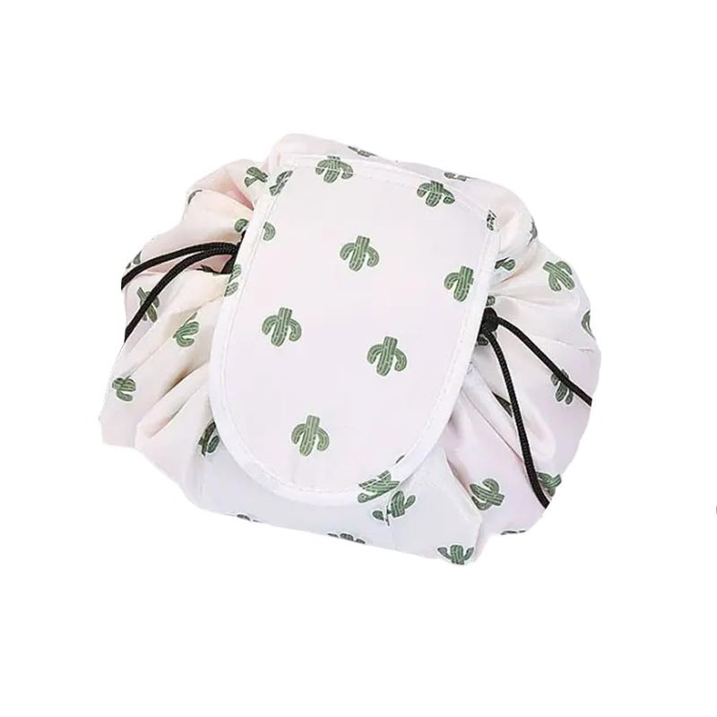 Nirvik Women’s Portable Waterproof Cosmetic Bag | Lazy Travel Makeup Organizer with Drawstring, Compact & Versatile Toiletry Bag with Multi-Pocket Storage (White Cactus Bag) - Image 1