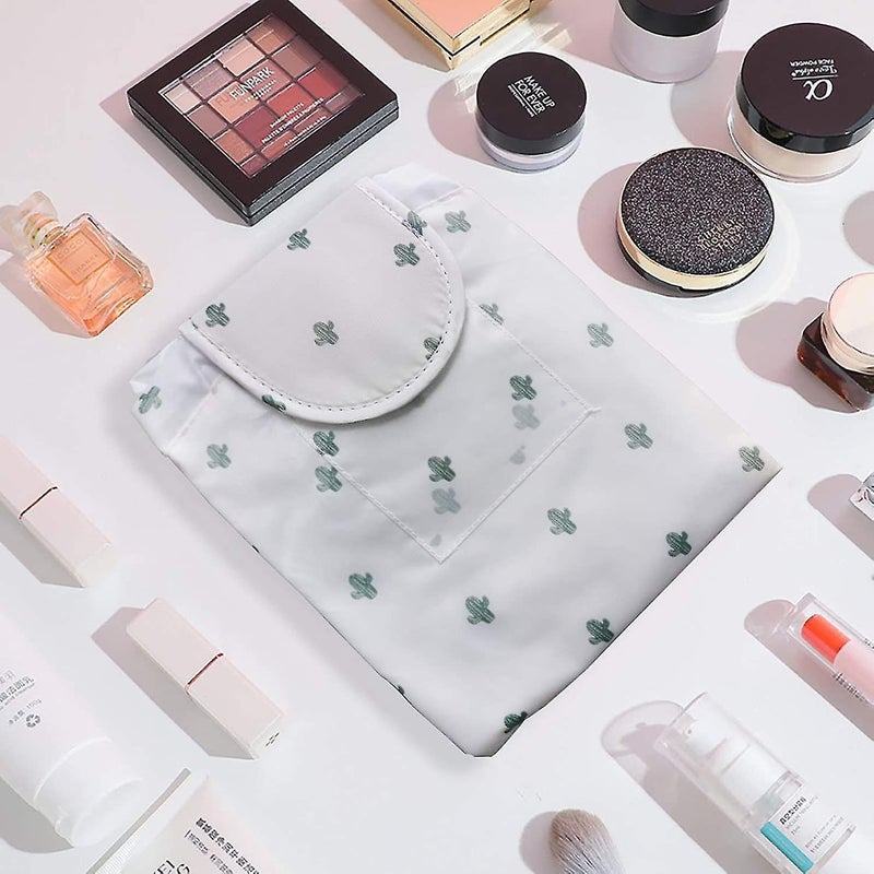 Nirvik Women’s Portable Waterproof Cosmetic Bag | Lazy Travel Makeup Organizer with Drawstring, Compact & Versatile Toiletry Bag with Multi-Pocket Storage (White Cactus Bag) - Image 4