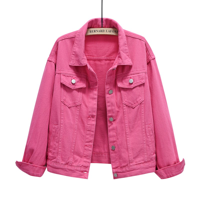 Spring Fall Colorful Plus-Size Denim Jacket Womens Loose Fit Casual BF Style Rose Red 