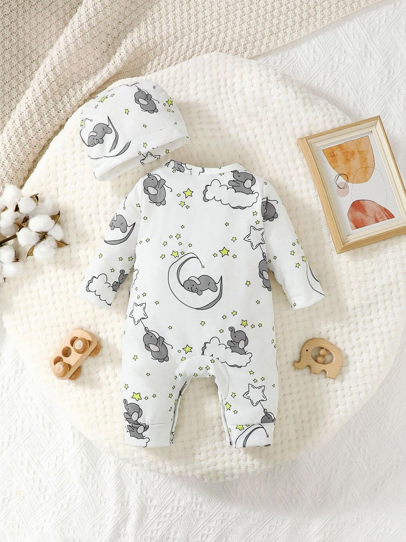 Baby Girl Long Sleeve Elephant Print Romper & Hat Set - Newborn Layette Outfit - Image 3