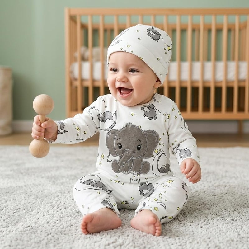 Baby Girl Long Sleeve Elephant Print Romper & Hat Set - Newborn Layette Outfit - Image 4