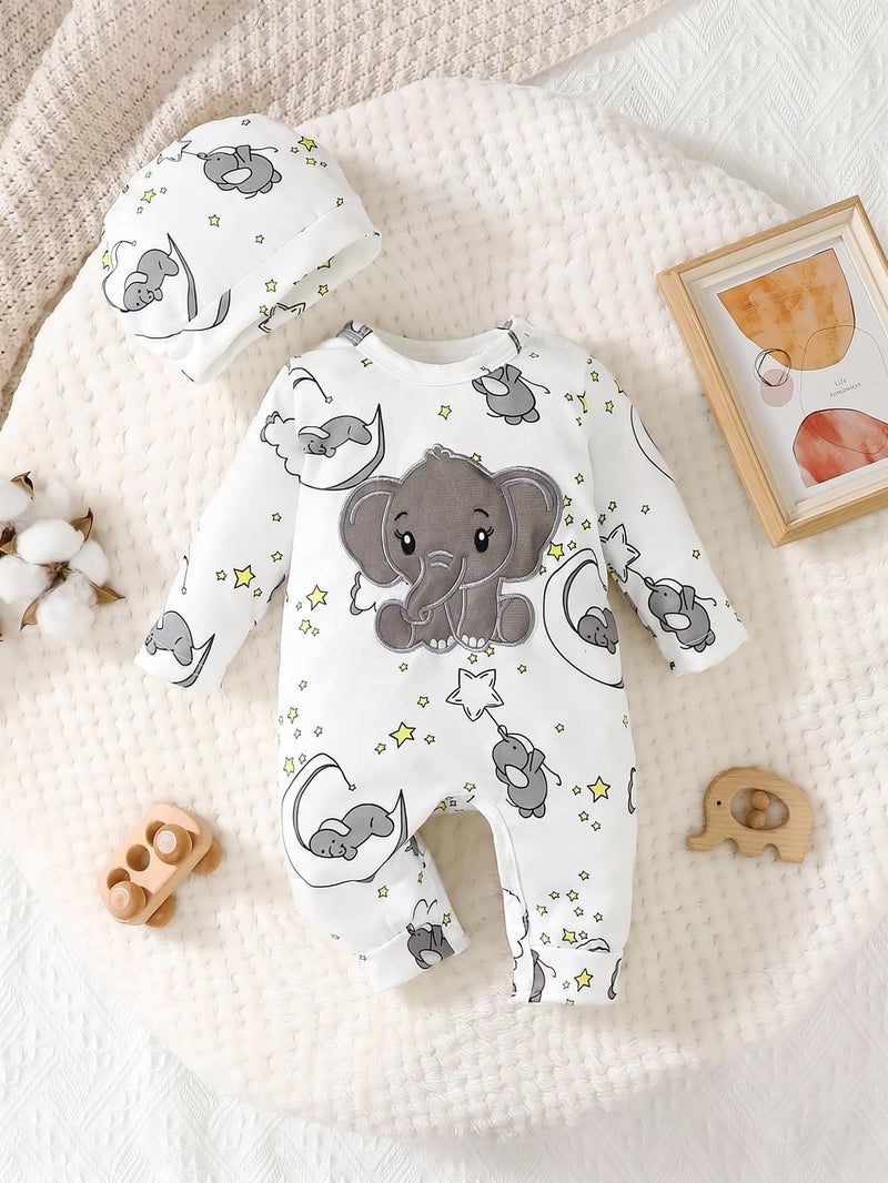 Baby Girl Long Sleeve Elephant Print Romper & Hat Set - Newborn Layette Outfit - Image 1