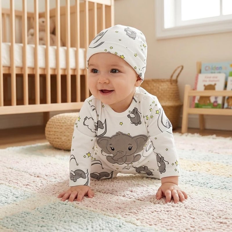 Baby Girl Long Sleeve Elephant Print Romper & Hat Set - Newborn Layette Outfit - Image 2