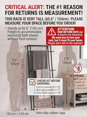 CANYAVE Metal Leaning Ladder Towel Rack, 4-Tier Blanket Stand for Bathroom Living Room, No Drilling Quilt Storage Organizer (Matte Black) - Image 4