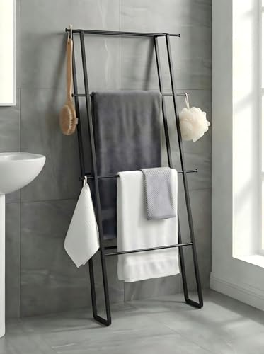 CANYAVE Metal Leaning Ladder Towel Rack, 4-Tier Blanket Stand for Bathroom Living Room, No Drilling Quilt Storage Organizer (Matte Black) - Image 1