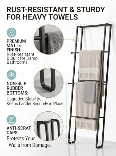 CANYAVE Metal Leaning Ladder Towel Rack, 4-Tier Blanket Stand for Bathroom Living Room, No Drilling Quilt Storage Organizer (Matte Black) - Image 5