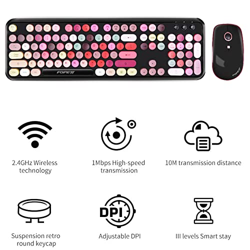 FOPETT Wireless Keyboard and Mouse Combo, 2.4 GHz Full-Sized Typewriter Keyboard and Mouse Wireless with Round Keycaps for Windows, Computer, Desktop, PC, Laptop (New BlackColorful) - Image 2