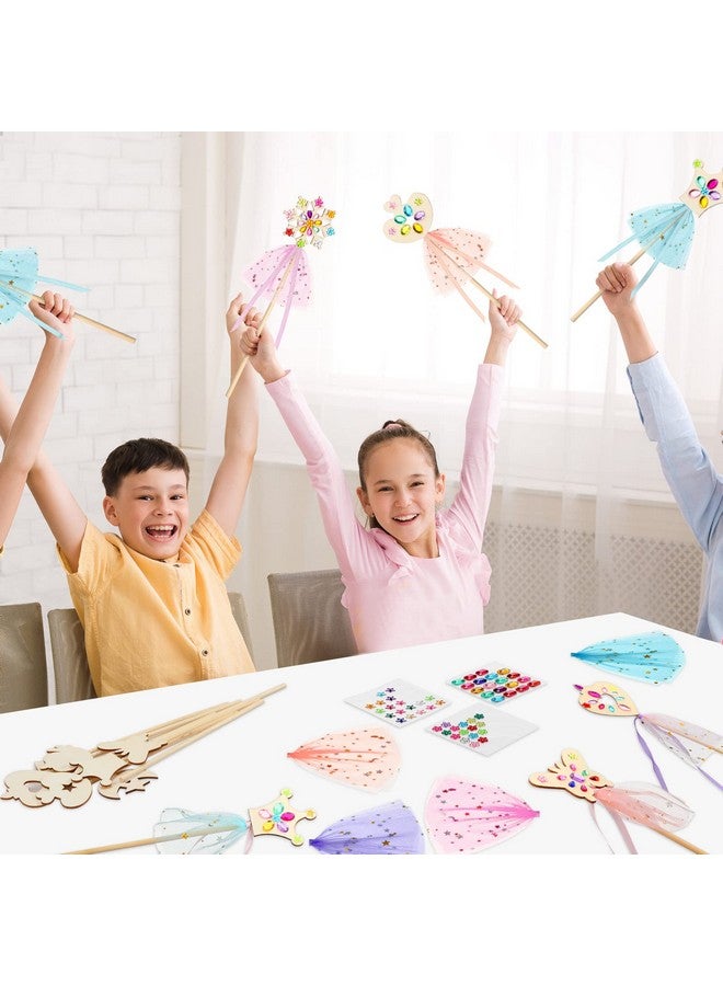 Queekay 34 Pcs Make Your Own Princess Wand Kit 16 Unfinished Star Butterfly Crown Moon Fairy Wood Stick 6 Gem Stickers 4 Satin Ribbons 8 Mesh Decor for Princess Cosplay Party Accessories DIY Art Craft Making - Image 5