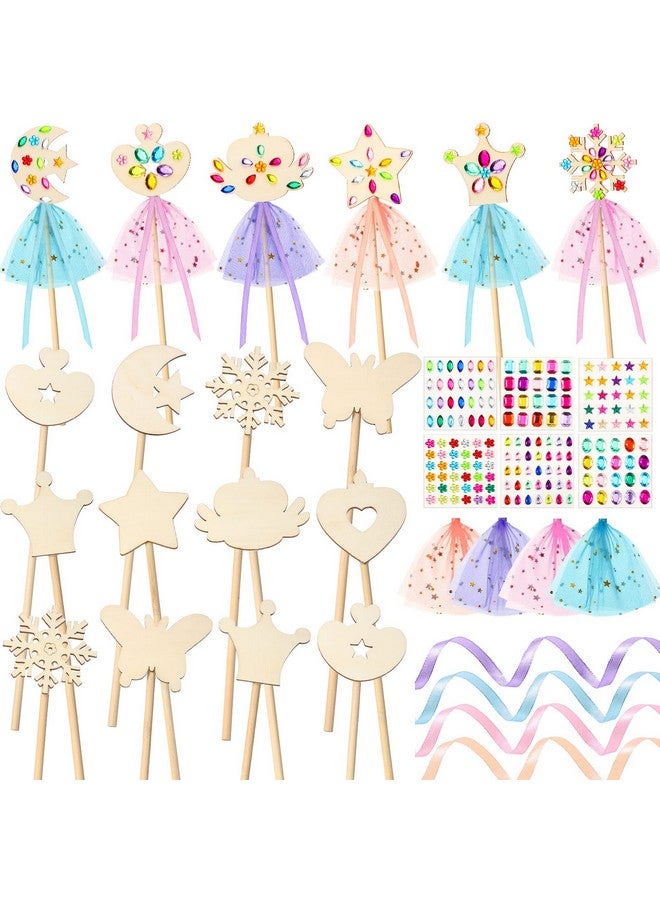 Queekay 34 Pcs Make Your Own Princess Wand Kit 16 Unfinished Star Butterfly Crown Moon Fairy Wood Stick 6 Gem Stickers 4 Satin Ribbons 8 Mesh Decor for Princess Cosplay Party Accessories DIY Art Craft Making - Image 1