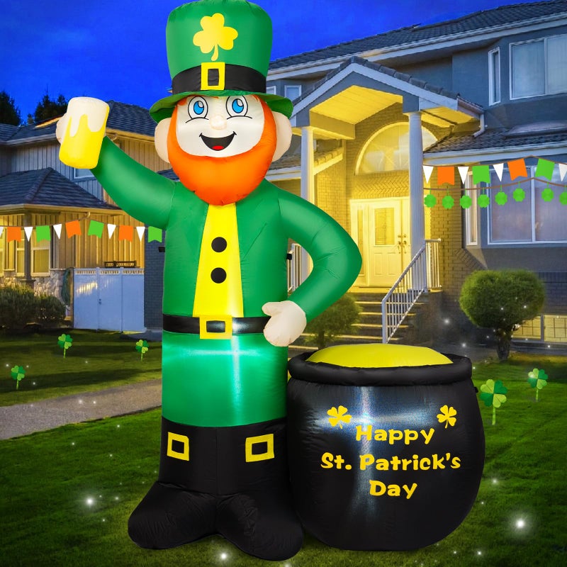BRDJade 6FT St Patricks Day Inflatables Outdoor Decorations, Leprechaun Inflatable Holds Beer Cup with Pot of Gold Built-in LED Lights, St Patricks Day Decorations for Party Holiday Yard Garden Decor - Image 1