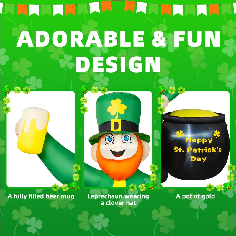 BRDJade 6FT St Patricks Day Inflatables Outdoor Decorations, Leprechaun Inflatable Holds Beer Cup with Pot of Gold Built-in LED Lights, St Patricks Day Decorations for Party Holiday Yard Garden Decor - Image 5