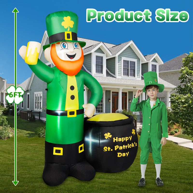BRDJade 6FT St Patricks Day Inflatables Outdoor Decorations, Leprechaun Inflatable Holds Beer Cup with Pot of Gold Built-in LED Lights, St Patricks Day Decorations for Party Holiday Yard Garden Decor - Image 4