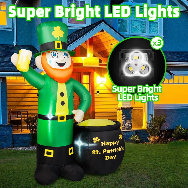 BRDJade 6FT St Patricks Day Inflatables Outdoor Decorations, Leprechaun Inflatable Holds Beer Cup with Pot of Gold Built-in LED Lights, St Patricks Day Decorations for Party Holiday Yard Garden Decor - Image 3