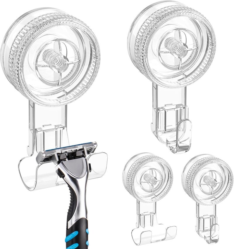 LUXEAR Suction Hooks,4 Pack 2razor Hooks 2 Single Hook Clear Removable & Reusable Vacuum Suction Hanger Waterproof Powerful Weather Hanger Hook for Towel Bathrobe Loofah Bathroom Kitchen Storage - Image 1