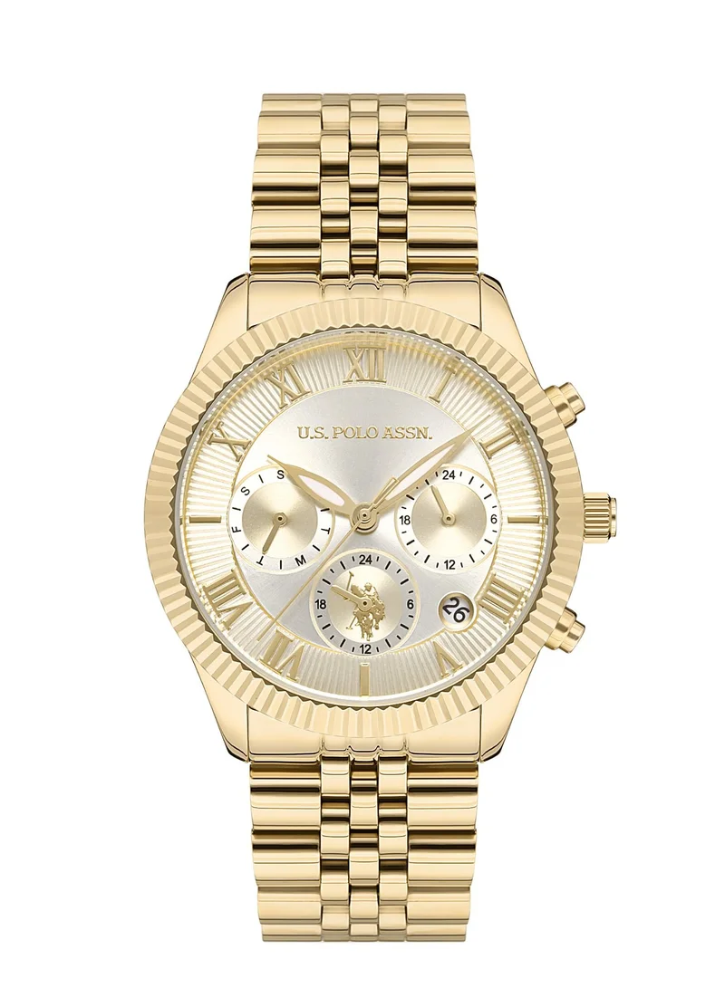 U.S. Polo Assn. U.S. Polo Assn. Crossing 38mm Ladies' Watch with Classic Gold Dial, Gold Etched Bezel & Monochromatic Gold Design - USPA2040-04, Timeless Elegance and Functionality