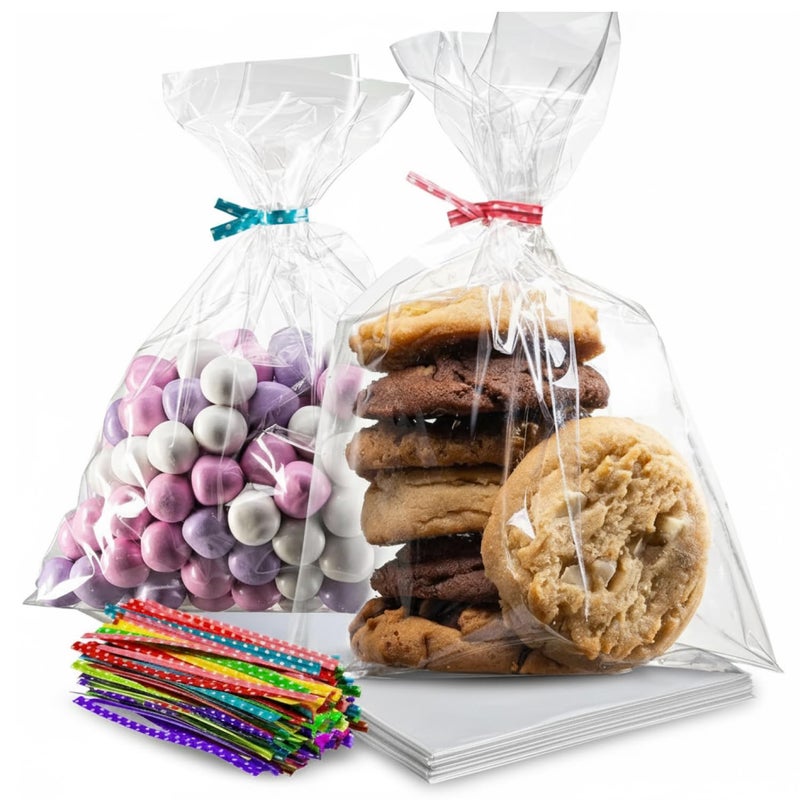 Prestee 200 Pack Clear Cellophane Bags for Favors - Transparent Goodie Bags for Birthday Party, 6x10 Inch Clear Bag with 4-Inch Twist Ties - Candy, Treat, Cookie Bag for Gift Giving - Image 1