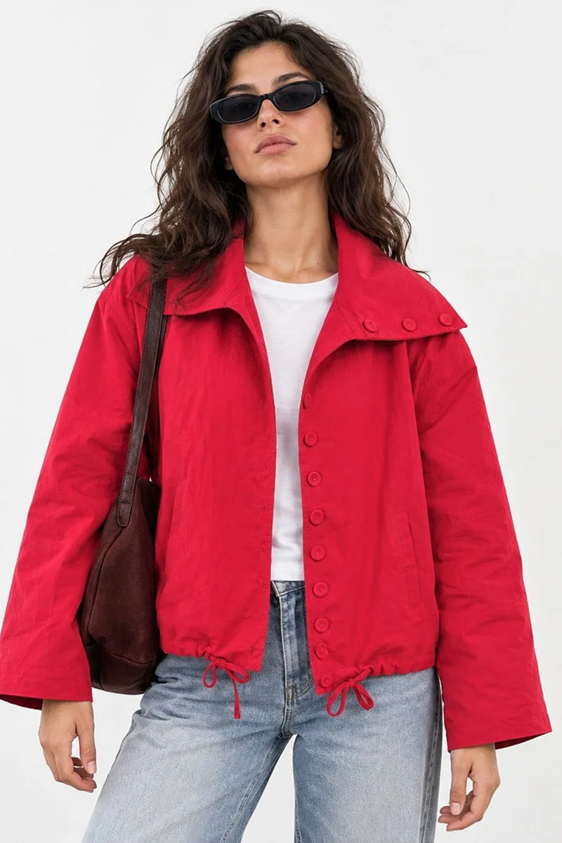 هيكاب Oversized Button-Up Trench Coat with Stand Collar