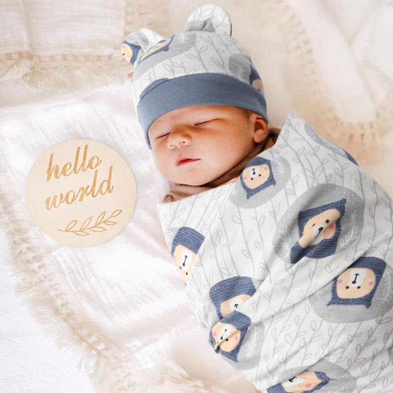 DRESHOW BQUBO Cotton Baby Swaddle Hat Set Newborn Infant Receiving Blankets with Bear Ears Hat Wooden Birth Announcement Card Newborn Unisex Swaddle Wrap Sets Warm Shower Gift - Image 2