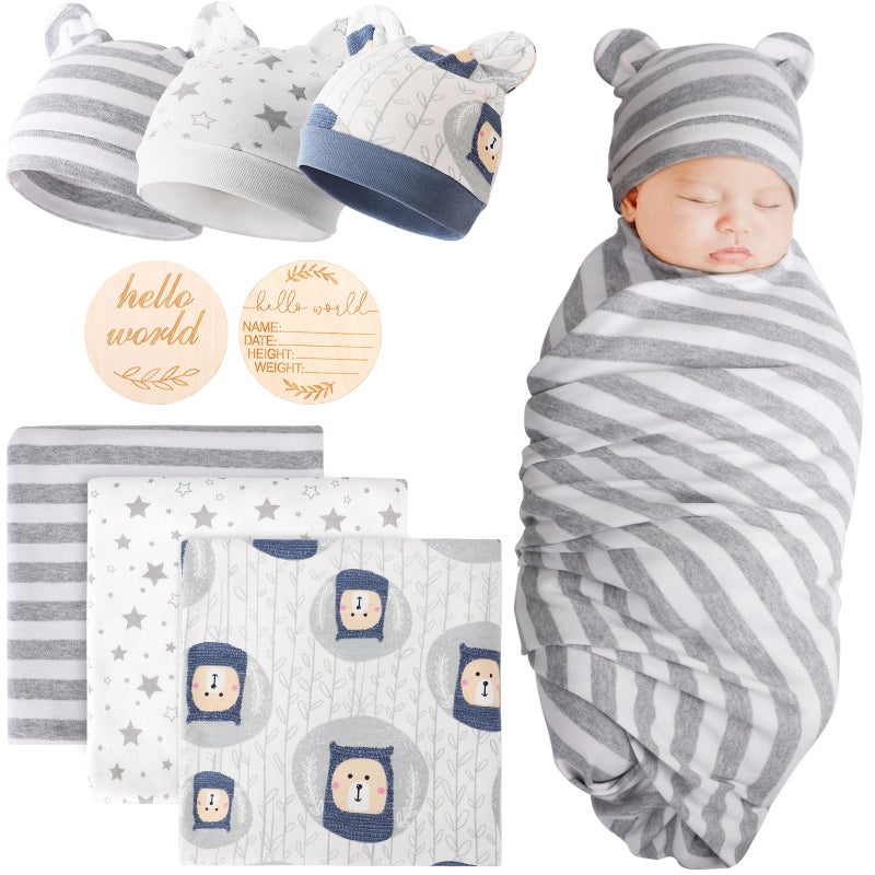 DRESHOW BQUBO Cotton Baby Swaddle Hat Set Newborn Infant Receiving Blankets with Bear Ears Hat Wooden Birth Announcement Card Newborn Unisex Swaddle Wrap Sets Warm Shower Gift - Image 1