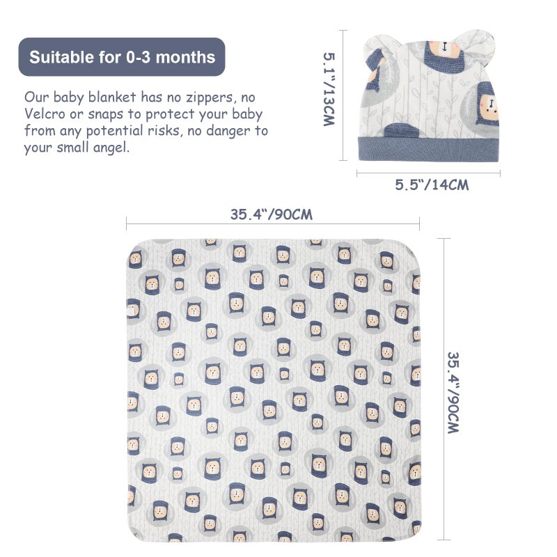 DRESHOW BQUBO Cotton Baby Swaddle Hat Set Newborn Infant Receiving Blankets with Bear Ears Hat Wooden Birth Announcement Card Newborn Unisex Swaddle Wrap Sets Warm Shower Gift - Image 5