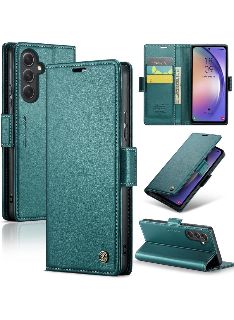 CaseMe Phone Case Luxury PU Leather Design Anti Fingerprint 023 Flip Cover Card Slot Holder Cover For Samsung Galaxy A54 (Green) - Image 1