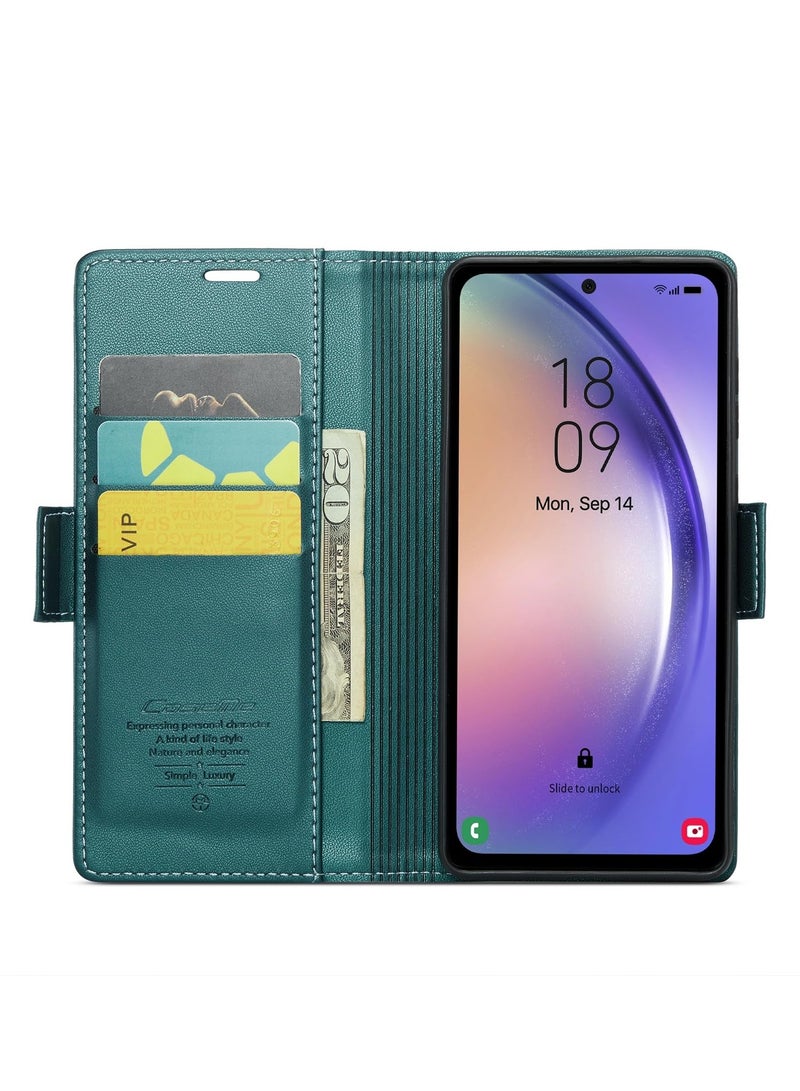CaseMe Phone Case Luxury PU Leather Design Anti Fingerprint 023 Flip Cover Card Slot Holder Cover For Samsung Galaxy A54 (Green) - Image 4
