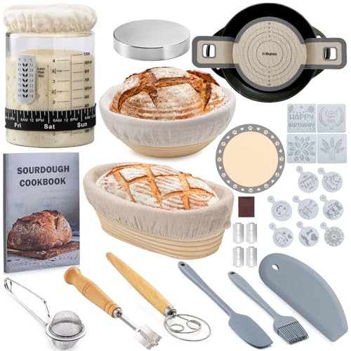 Friheten Sourdough Starter Kit,Sourdough Bread Baking Supplies,40oz Sourdough Starter Jar,Banneton Bread Proofing Basket Set with 9" Round & 10" Oval,Sourdough Bread Baking Tools - Image 1