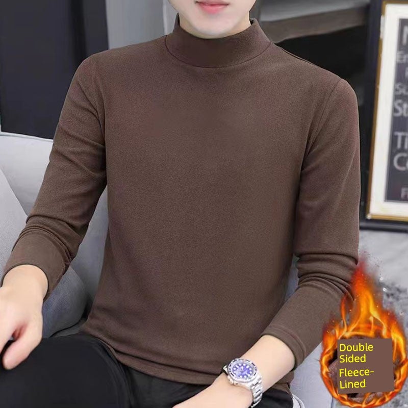 Long-sleeved t-shirt men's double-sided German velvet base shirt half-turtleneck solid color autumn and winter thick warm inner wear mid-collar autumn clothes - Image 2