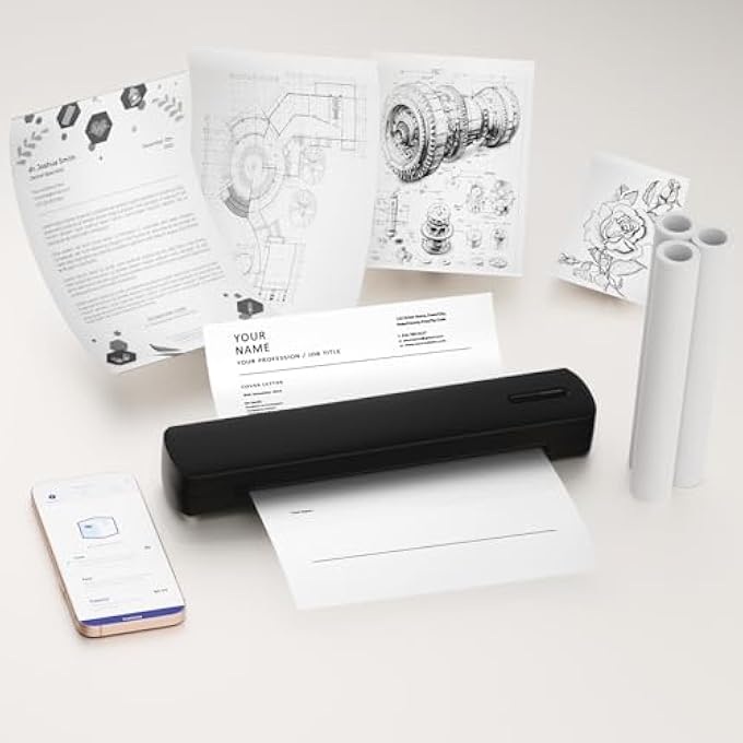 WIRELESS BLUE-TOOTH INKLESS PORTABLE THERMAL PRINTER: SUPPORTS 8.5'' X 11'' LETTER/A4/A5 SIZES, PERFECT FOR HOME AND OFFICE COMPATIBLE WITH SMARTPHONE & PC