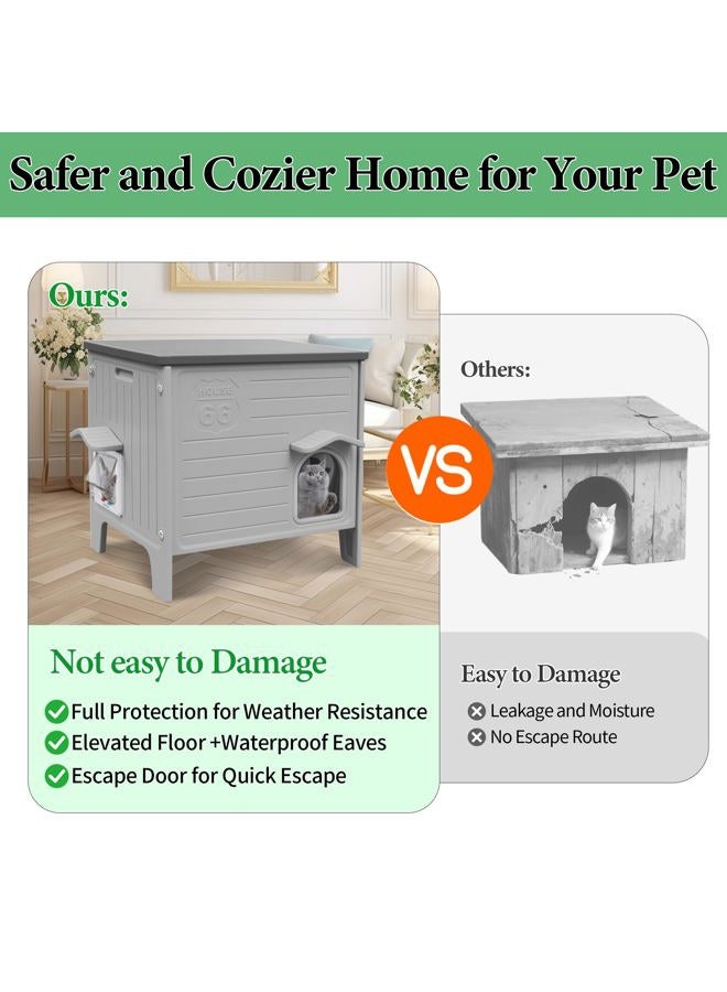 Deblue Heated Cat House for Outside Weatherpoof Plastic Cats Houses Outdoor with Escape Door Indoor Waterproof Feral/Pet Cat Shelter for Puppy, Rabbit(Grey) - Image 2