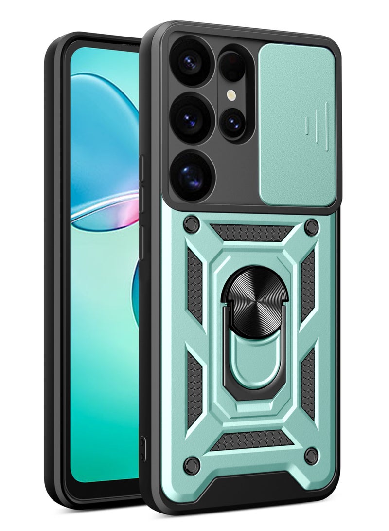Shunjia Sliding Window Case, Shockproof Rugged Armor with Sliding Camera Cover & 360° Ring Kickstand, Compatible with Samsung Galaxy S25 Ultra (Green)