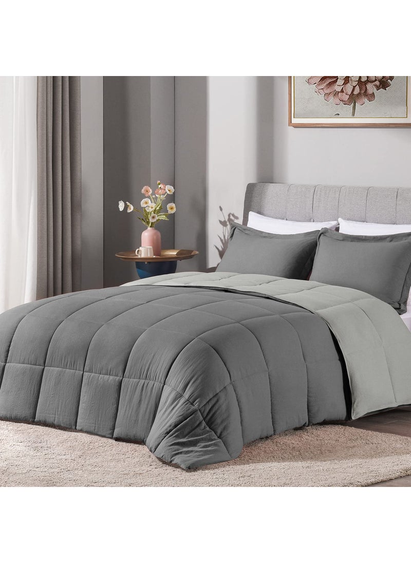 LOVTEX LOVTEX 3PCS Grey Comforter Queen Set  Ultra Soft Washed Microfiber Queen Comforter Set  Reversible Down Alternative Comforter with 2 Pillow ShamsGreyCharcoal 
