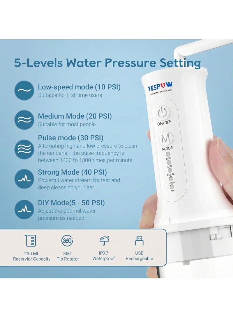 YESPOW Electric Ear Irrigation Flushing System, 5 Pressure Modes Ear Wax Removal Kit with 360° Rotatable Nozzle, IPX7 Waterproof Rechargeable Ear Cleaner for Adults & Kids - Image 4