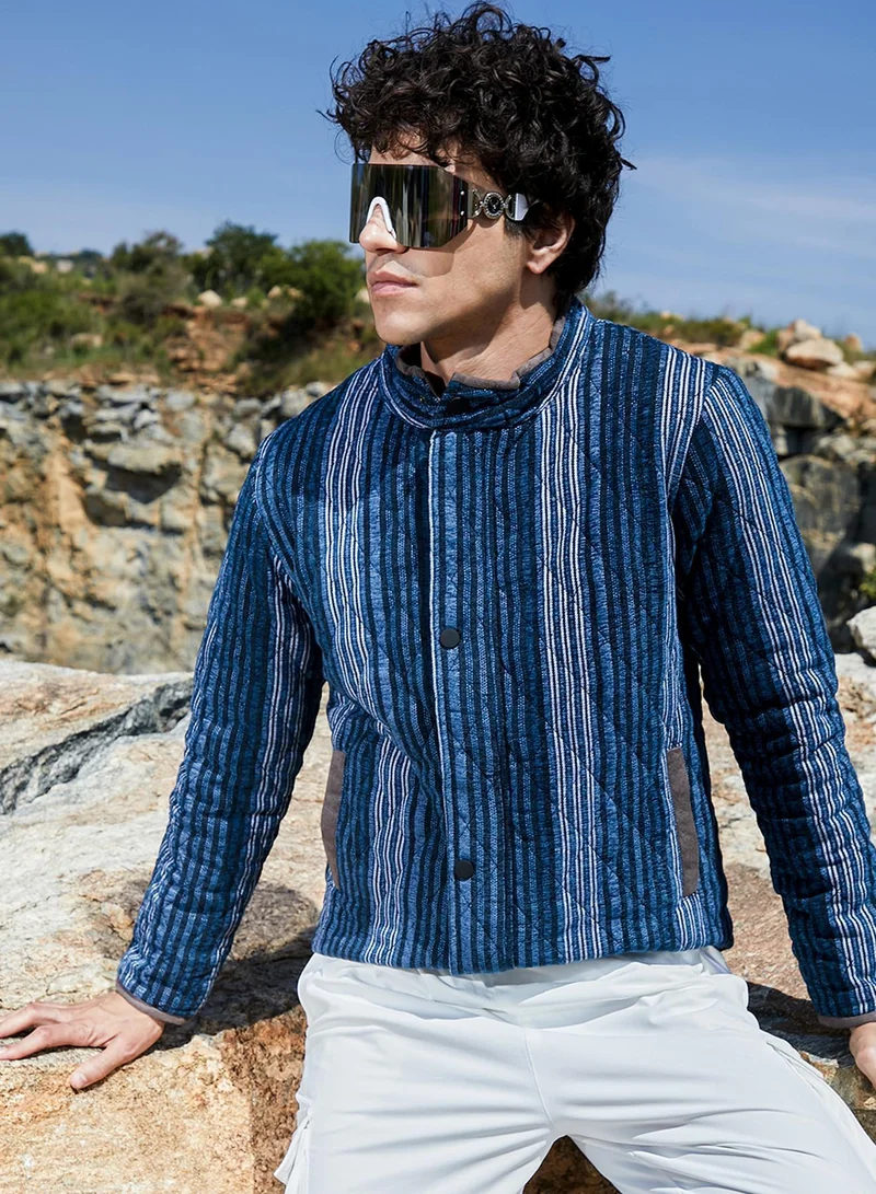 Campus Sutra Men's Black & Prussian Blue Striped Quilted Bomber Jacket For Casual Wear | High Neck | Long Sleeve | Zipper Closure | Cotton Poly Jacket Crafted With Comfort Fit For Everyday Wear