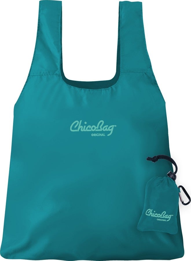 ChicoBag Original Compact Reusable Grocery Bag w/Attached Pouch and Carabiner Clip | Perfect for Shopping, Travel, Organization | Eco-Conscious Packable Tote | Aqua (Pack of 1) - Image 1