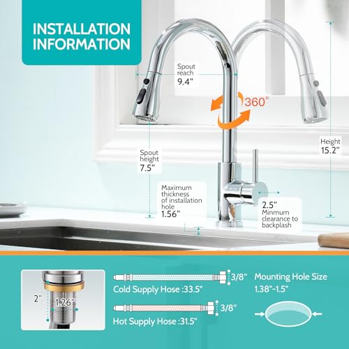 Kicimpro Chrome Kitchen Faucet, Kitchen Faucets for Sink 3 Hole High Arc Single Handle Stainless Steel Commercial RV Camper Kitchen Faucet with Pull Down Sprayer llaves para fregaderos de cocina - Image 5
