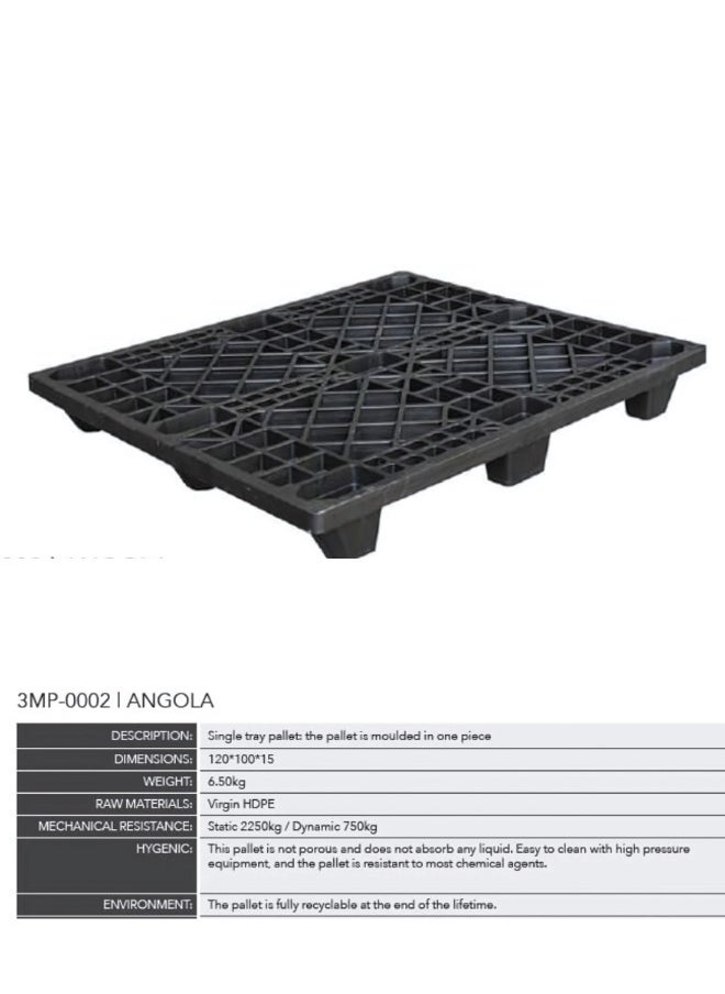 Heavy-Duty 9-Foot Open Deck Pallet, 100x120 cm, Polypropylene Plastic, One-Piece Molded, 7kg – 1T Static & 500kg Dynamic Load, Durable & Lightweight – Black