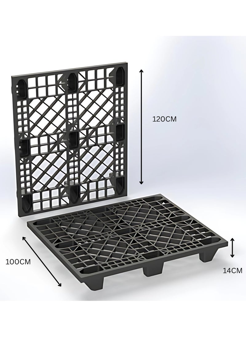 Heavy-Duty 9-Foot Open Deck Pallet, 100x120 cm, Polypropylene Plastic, One-Piece Molded, 7kg – 1T Static & 500kg Dynamic Load, Durable & Lightweight – Black
