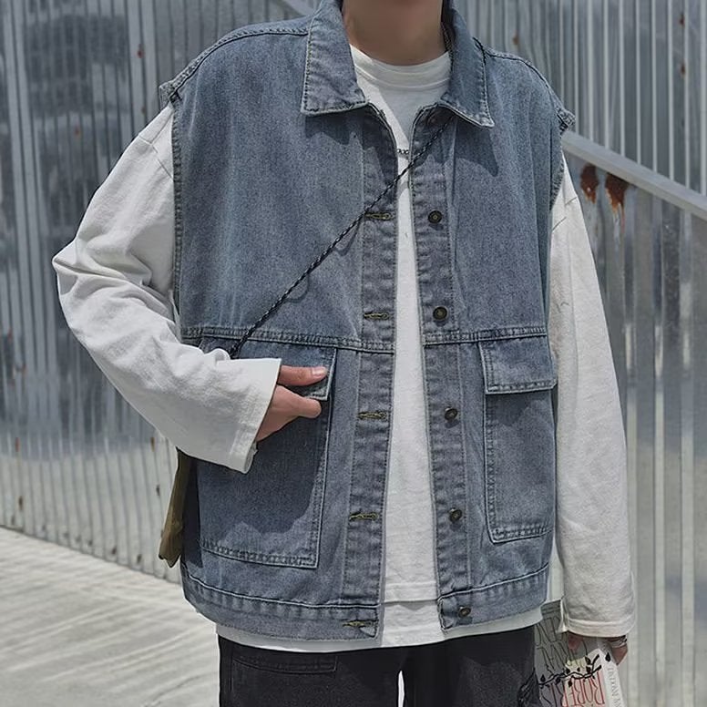 Denim vest mens summer early autumn ins trendy vest workwear sleeveless T-shirt waistcoat loose Hong Kong style coat Blue - Image 1