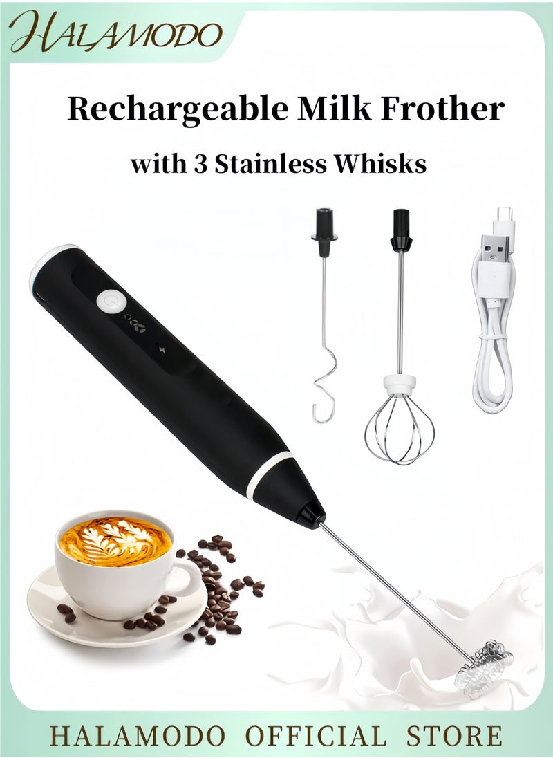 HALAMODO - Rechargeable Milk Frother with 3 Stainless Whisks Handheld Multi-functional Electric Foam Maker Strong Blender 3-Speed Adjustable Mini Milk Foamer for Coffee & Egg & Cream Whipping - Image 1
