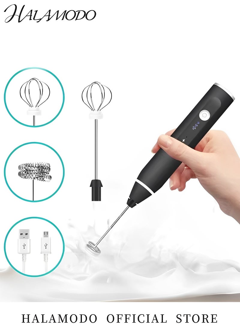 HALAMODO - Rechargeable Milk Frother with 3 Stainless Whisks Handheld Multi-functional Electric Foam Maker Strong Blender 3-Speed Adjustable Mini Milk Foamer for Coffee & Egg & Cream Whipping - Image 1