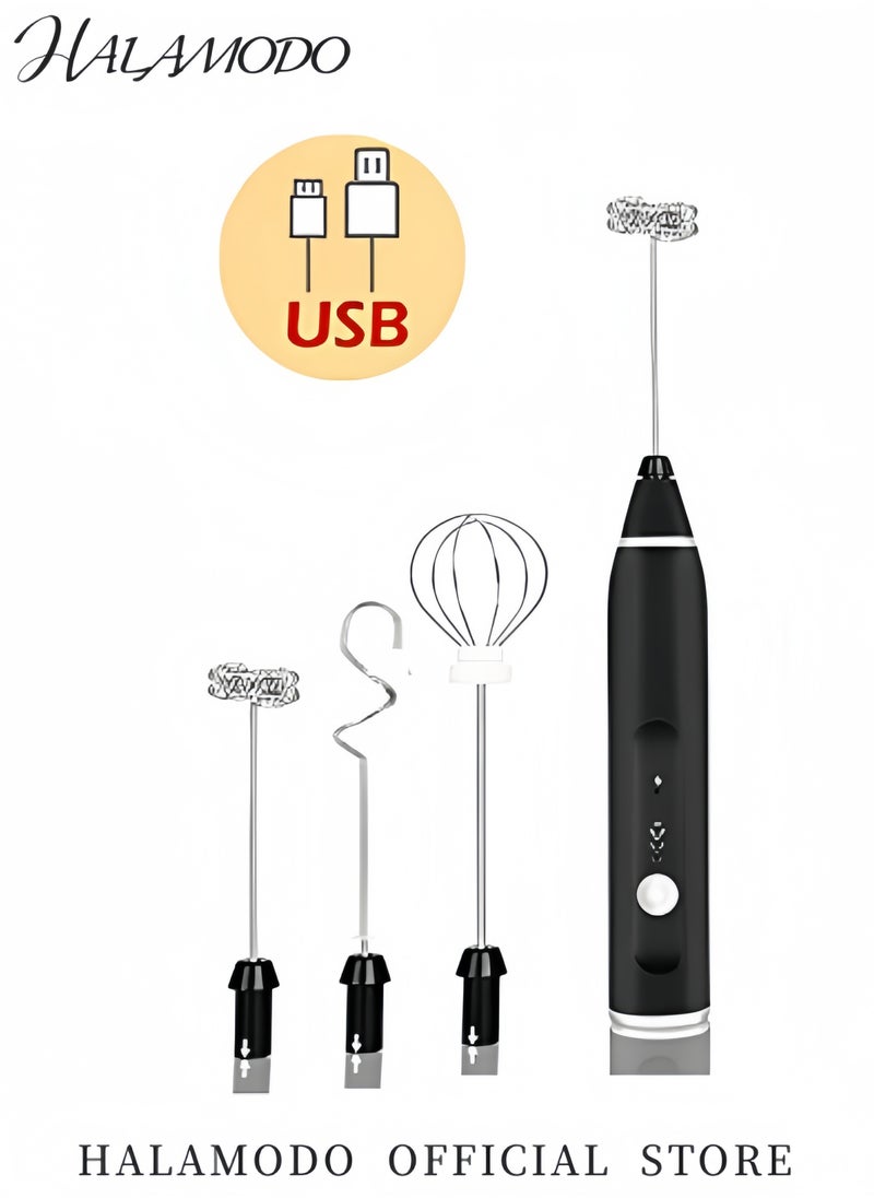HALAMODO - Rechargeable Milk Frother with 3 Stainless Whisks Handheld Multi-functional Electric Foam Maker Strong Blender 3-Speed Adjustable Mini Milk Foamer for Coffee & Egg & Cream Whipping - Image 1