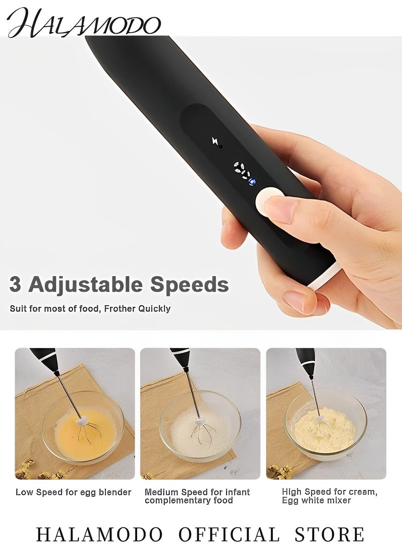 HALAMODO - Rechargeable Milk Frother with 3 Stainless Whisks Handheld Multi-functional Electric Foam Maker Strong Blender 3-Speed Adjustable Mini Milk Foamer for Coffee & Egg & Cream Whipping - Image 1