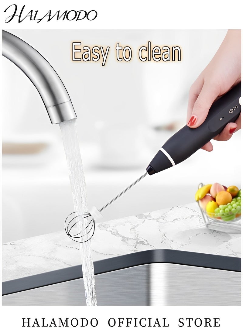 HALAMODO - Rechargeable Milk Frother with 3 Stainless Whisks Handheld Multi-functional Electric Foam Maker Strong Blender 3-Speed Adjustable Mini Milk Foamer for Coffee & Egg & Cream Whipping - Image 1