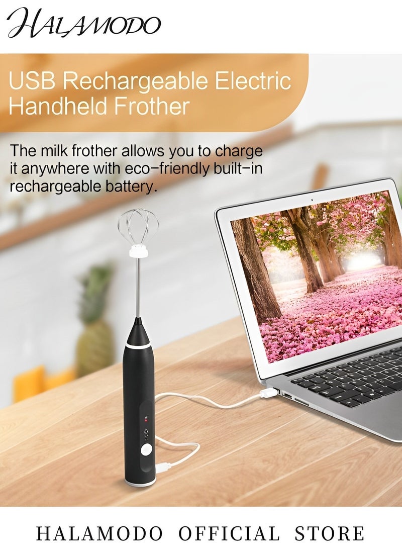 HALAMODO - Rechargeable Milk Frother with 3 Stainless Whisks Handheld Multi-functional Electric Foam Maker Strong Blender 3-Speed Adjustable Mini Milk Foamer for Coffee & Egg & Cream Whipping - Image 1