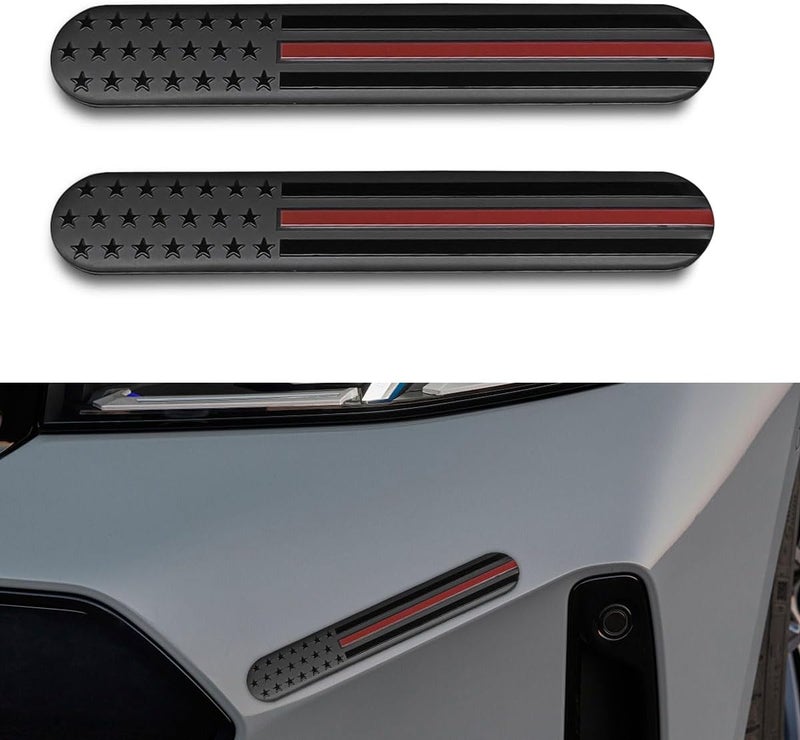 LHDOS 2PCS USA American Flag Emblem Car Sticker, 6"x 1" 3D Adhesive Patriotic Car Decal Auto Fenders Emblem, Universal Metal Badge Emblem Car Body Decoration Sticker for Car Bumper Window (Black/Red) Trusted all-purpose quality - Image 1