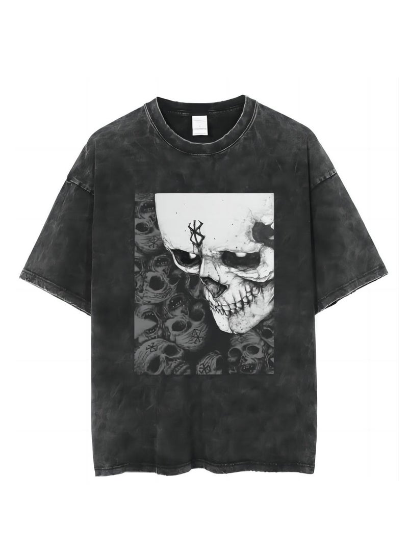 New old dark anime print street retro t-shirt trendy round neck short-sleeved men's t-shirt - Image 1