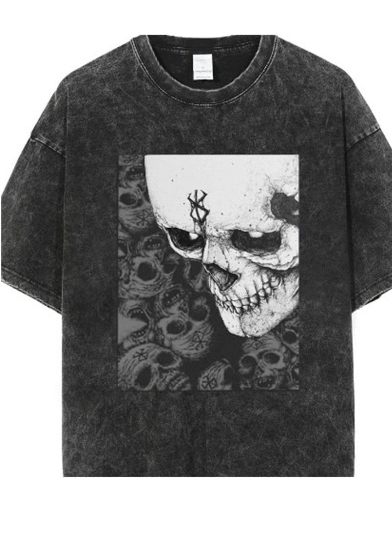 New old dark anime print street retro t-shirt trendy round neck short-sleeved men's t-shirt - Image 4