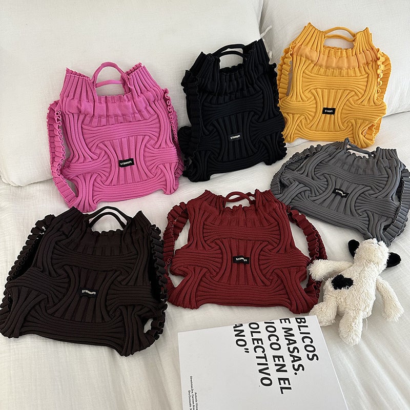 Backpack Women'S South Korea Dongdaemun Personality Niche Design Casual Knitted Woven Handbag Drawstring Handbag - Image 3